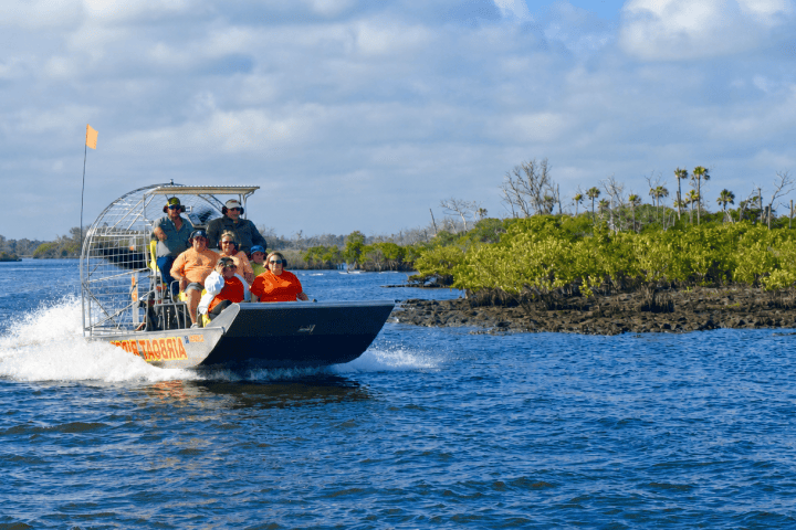 Airboat with tourists cruising on blue water near green shoreline.