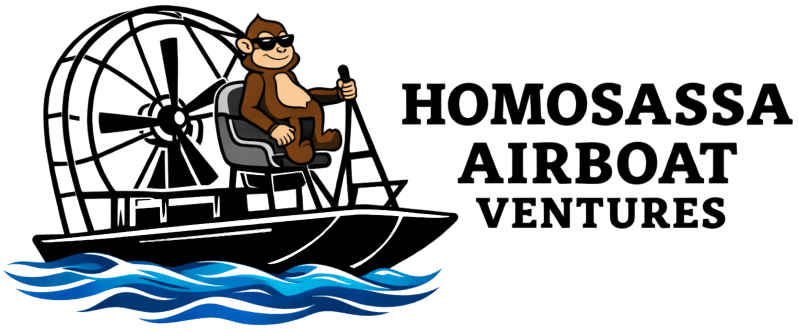 Cartoon monkey in sunglasses on airboat with text 'Homosassa Airboat Ventures'.